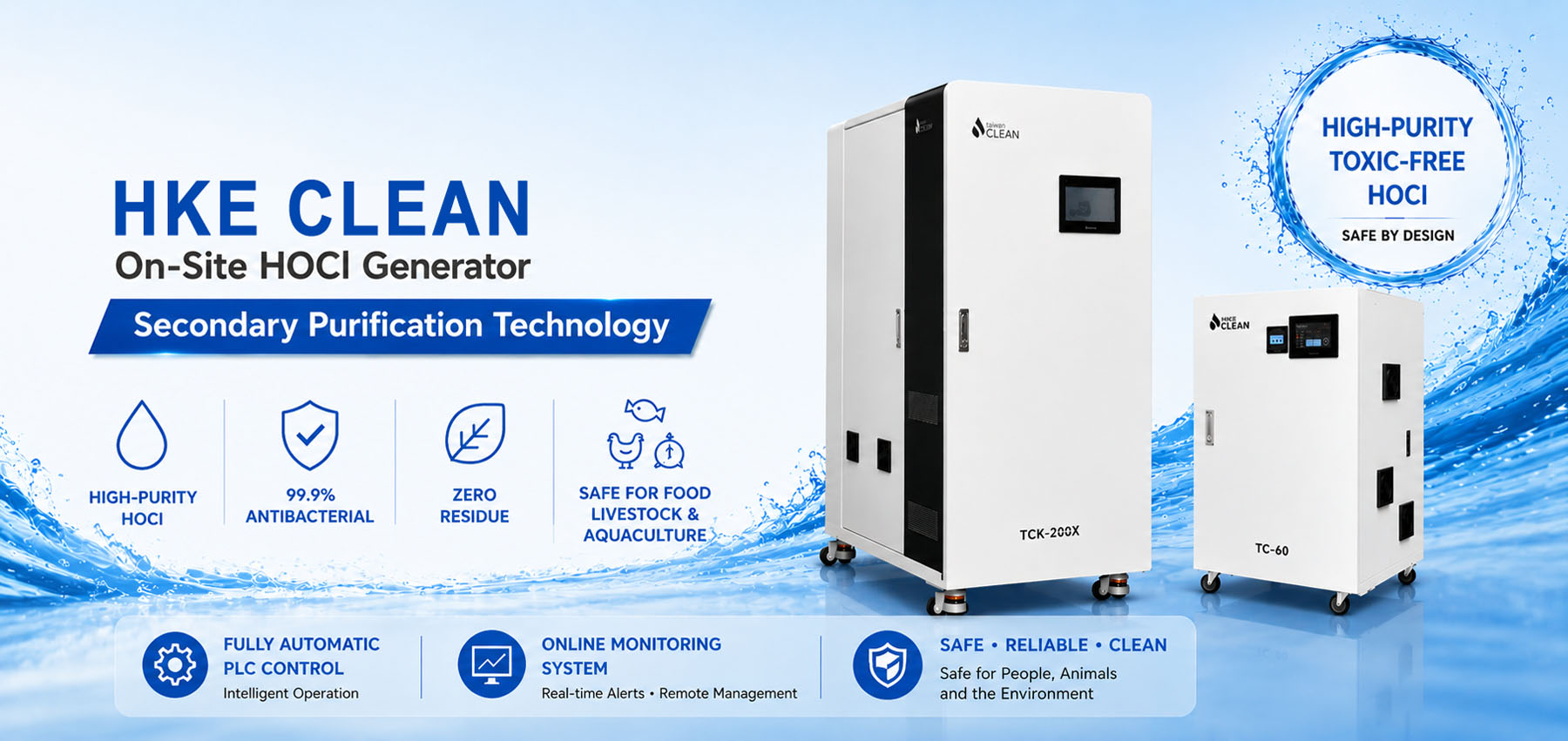 High-Purity Toxic-Free HOCl Disinfectant Solution On-Site HOCl Generator producing high-purity toxic-free hypochlorous acid solution for food, livestock, aquaculture and industrial disinfection